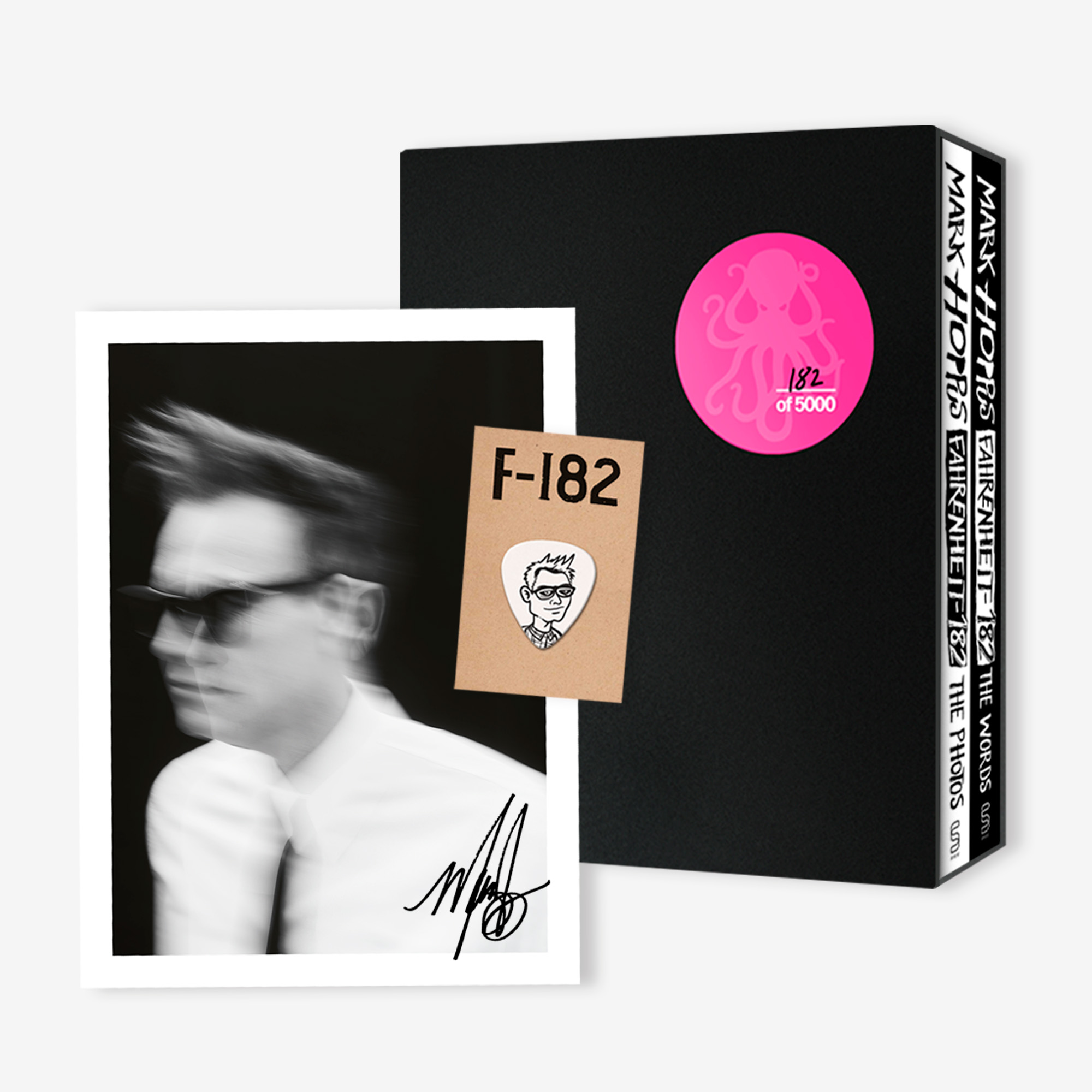 A signed mark hoppus print, custom F-182 plectrum, and the slipcased edition of Fahrenheit 182.