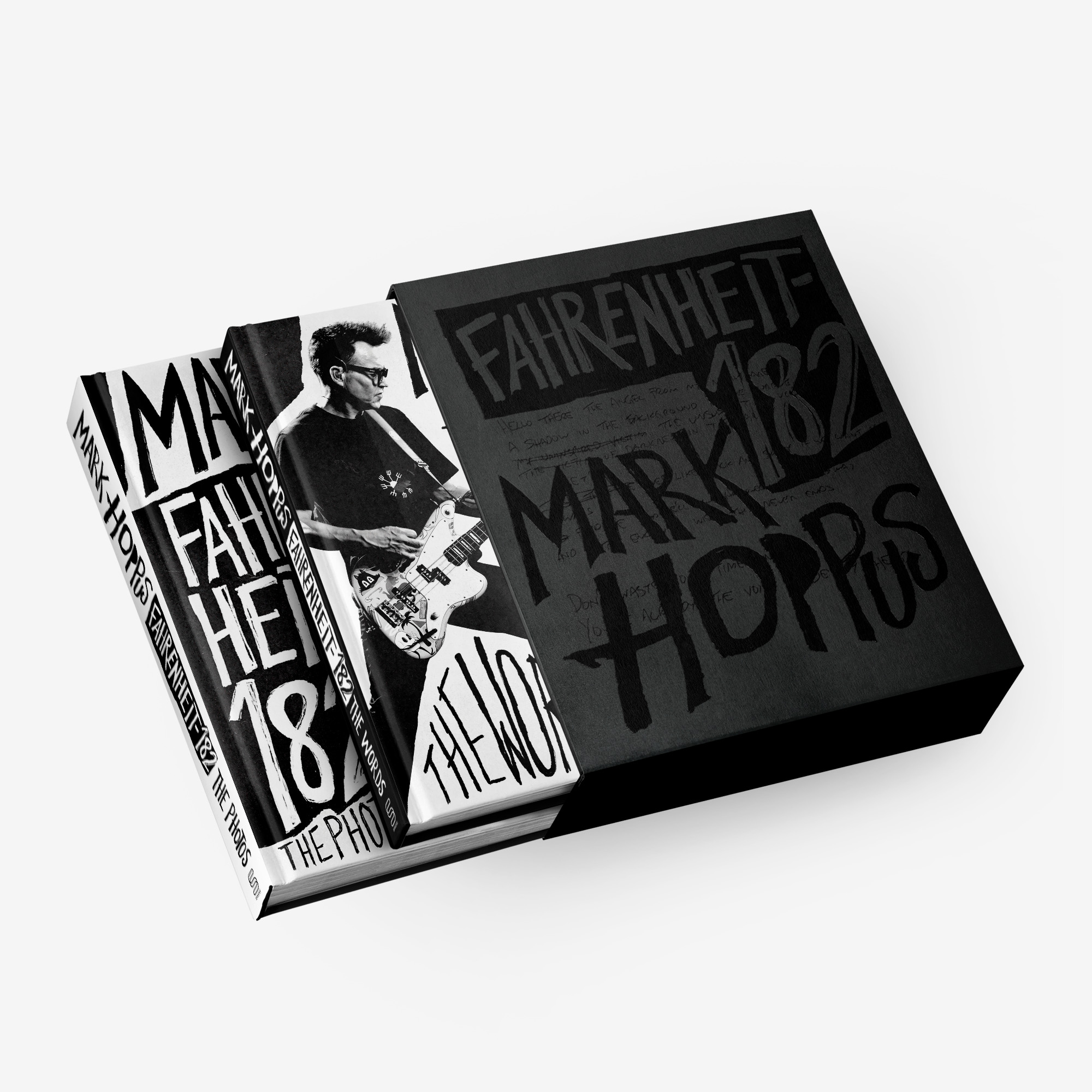 The two volumes slide out of the slipcase, featuring black and white photography and stylised typography.