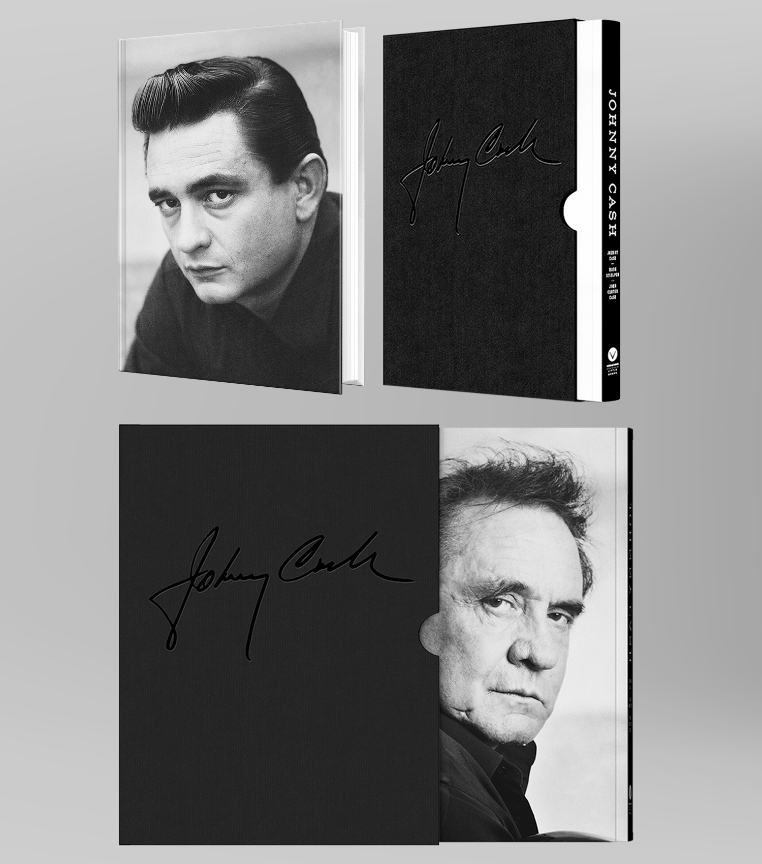 The front and back of the edition, featuring two portraits of Johnny Cash, and the slipcase with facsimile signature.