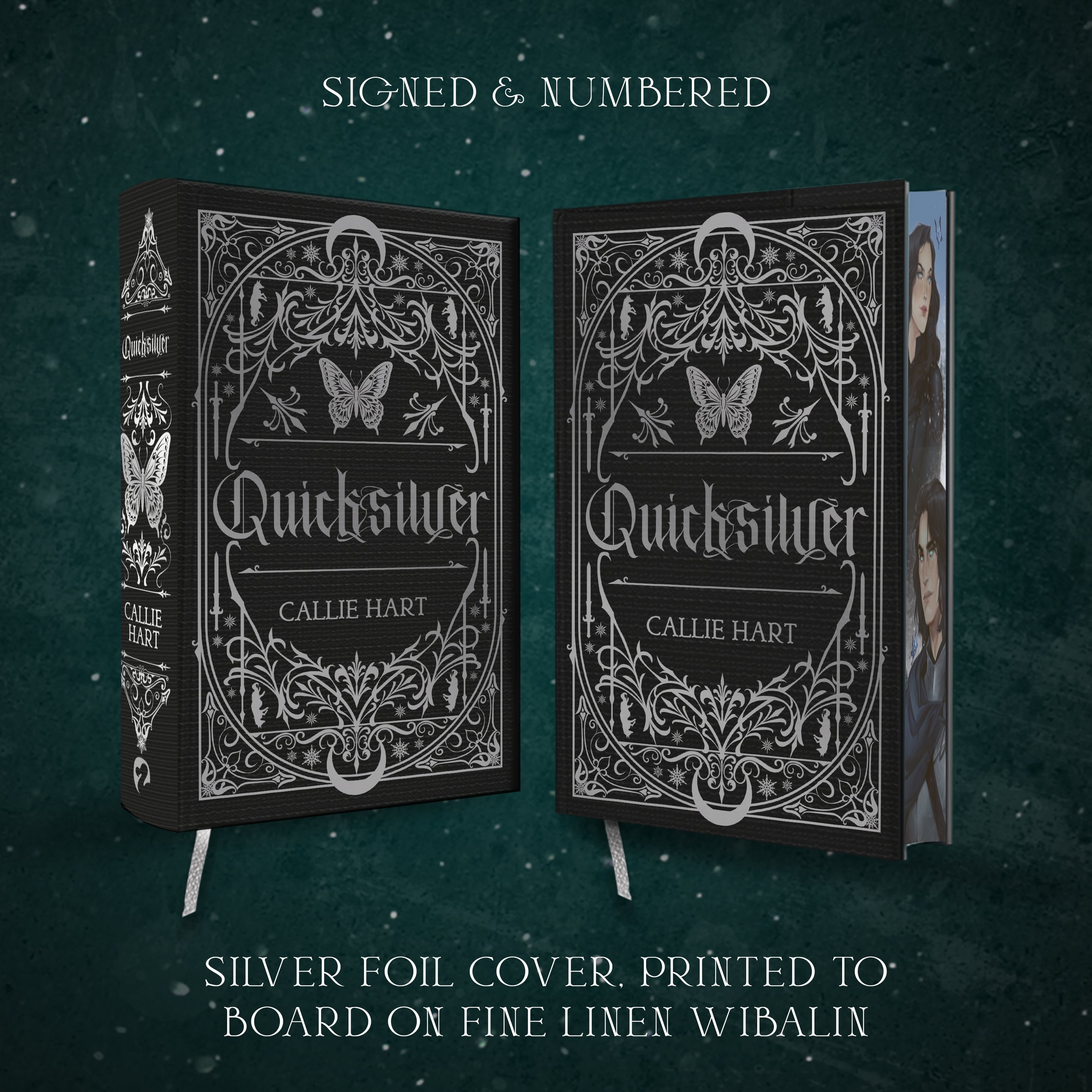 Pack shot of Quicksilver, black boards with silver foil gothic design, sprayed edges showing Saeris and Kingfisher Character art
